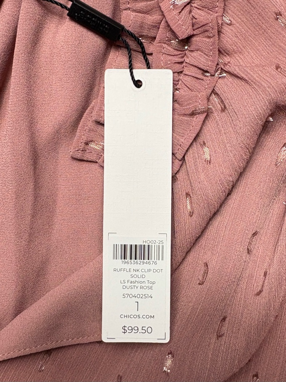 NWT Chicos Dusty Rose Metallic Clip Dot Ruffleneck Blouse • Size 1 / US M • $100 - Picture 12 of 12